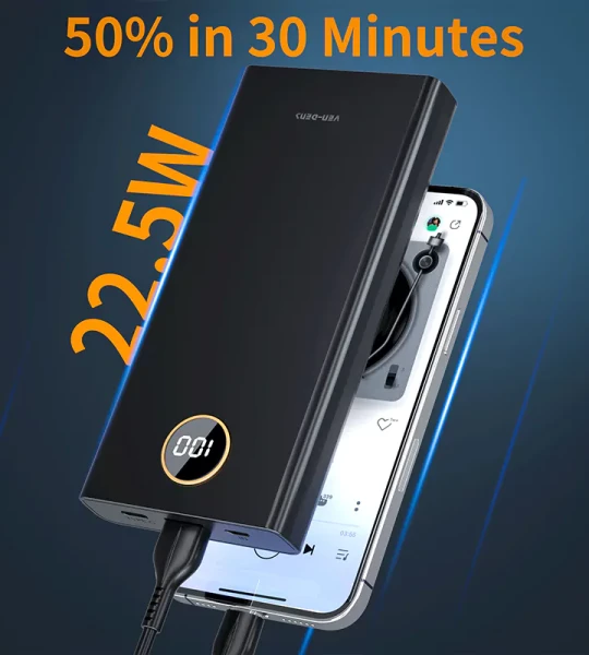 PB018 პორტატული 10000mAh Power Bank კაბელებით, სწრაფი დატენვით, Type-C USB პორტებით