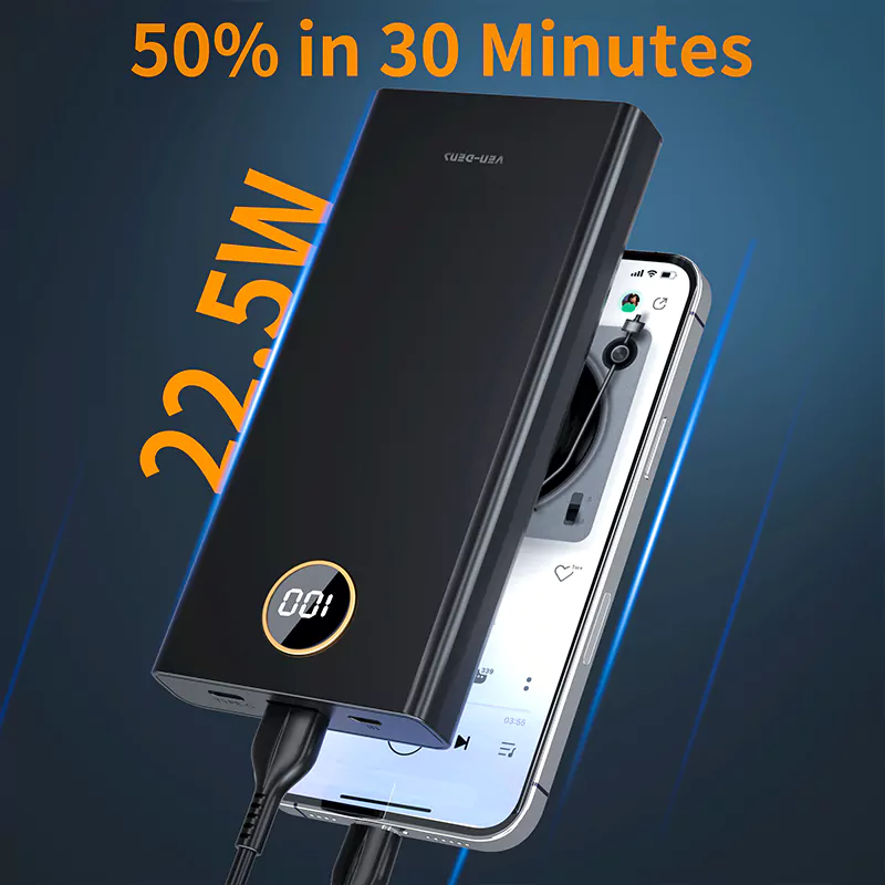 PB018 პორტატული 10000mAh Power Bank კაბელებით, სწრაფი დატენვით, Type-C USB პორტებით