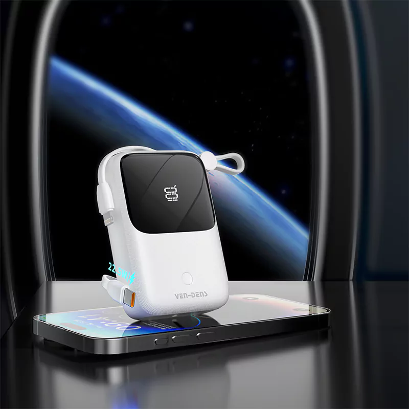 PB022 20W 10000mAh სწრაფი დამუხტვის სადენიანი Type-C დენის ბანკი ციფრული დისპლეით