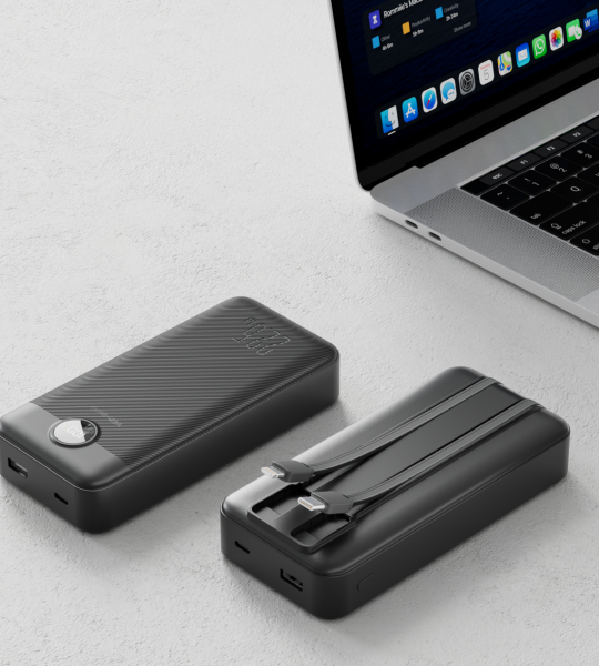 PB048 20000mAh შავი ფერის მაღალი ტევადობის სწრაფი დატენვის შავი ფერის დენის ბანკი კაბელით და ციფრული დისპლეით