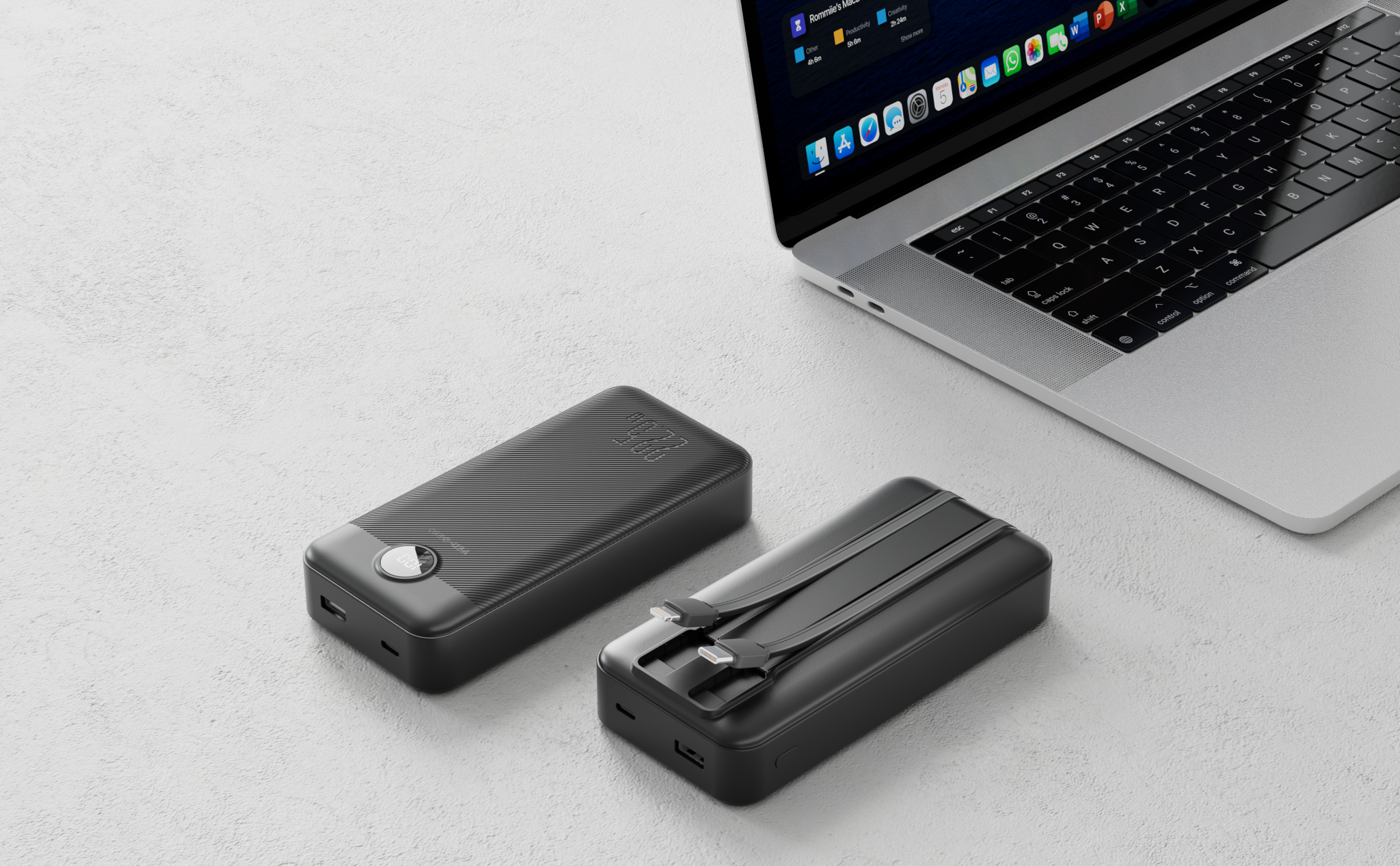 PB048 20000mAh შავი ფერის მაღალი ტევადობის სწრაფი დატენვის შავი ფერის დენის ბანკი კაბელით და ციფრული დისპლეით