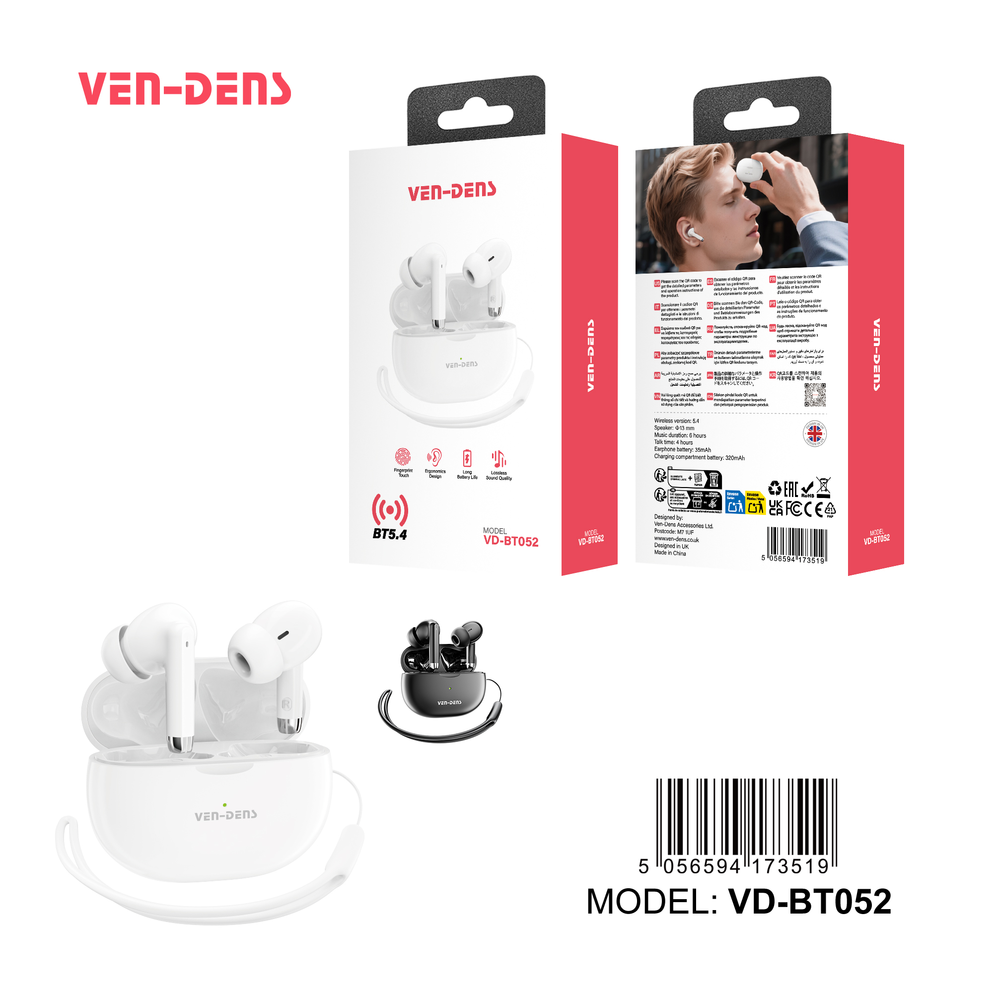 BT-052 True უსადენო სტერეო ყურსასმენები Bluetooth 5.4 ყურსასმენებით – მოყვება ლენტი