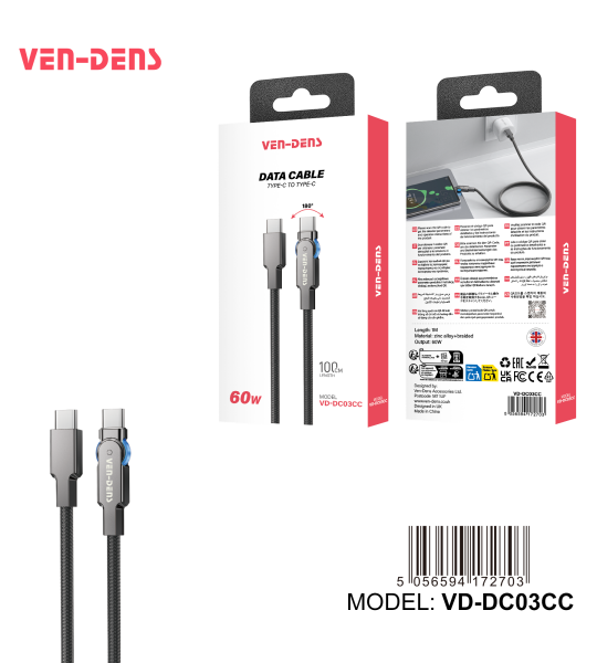 60W კაბელი USB C ტიპის C კაბელში