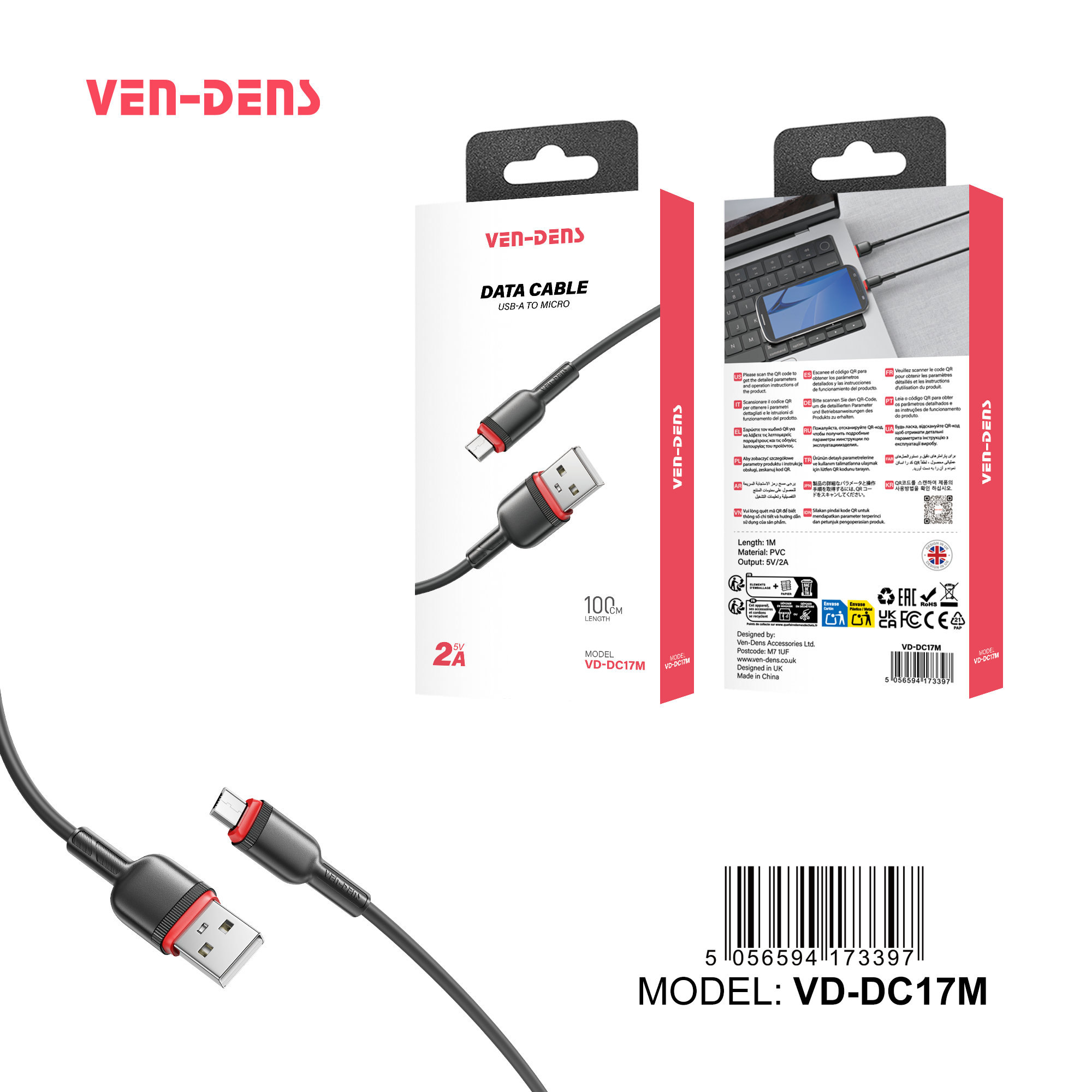 2A 5V PVC კაბელი USB A-დან მიკრო USB კაბელამდე