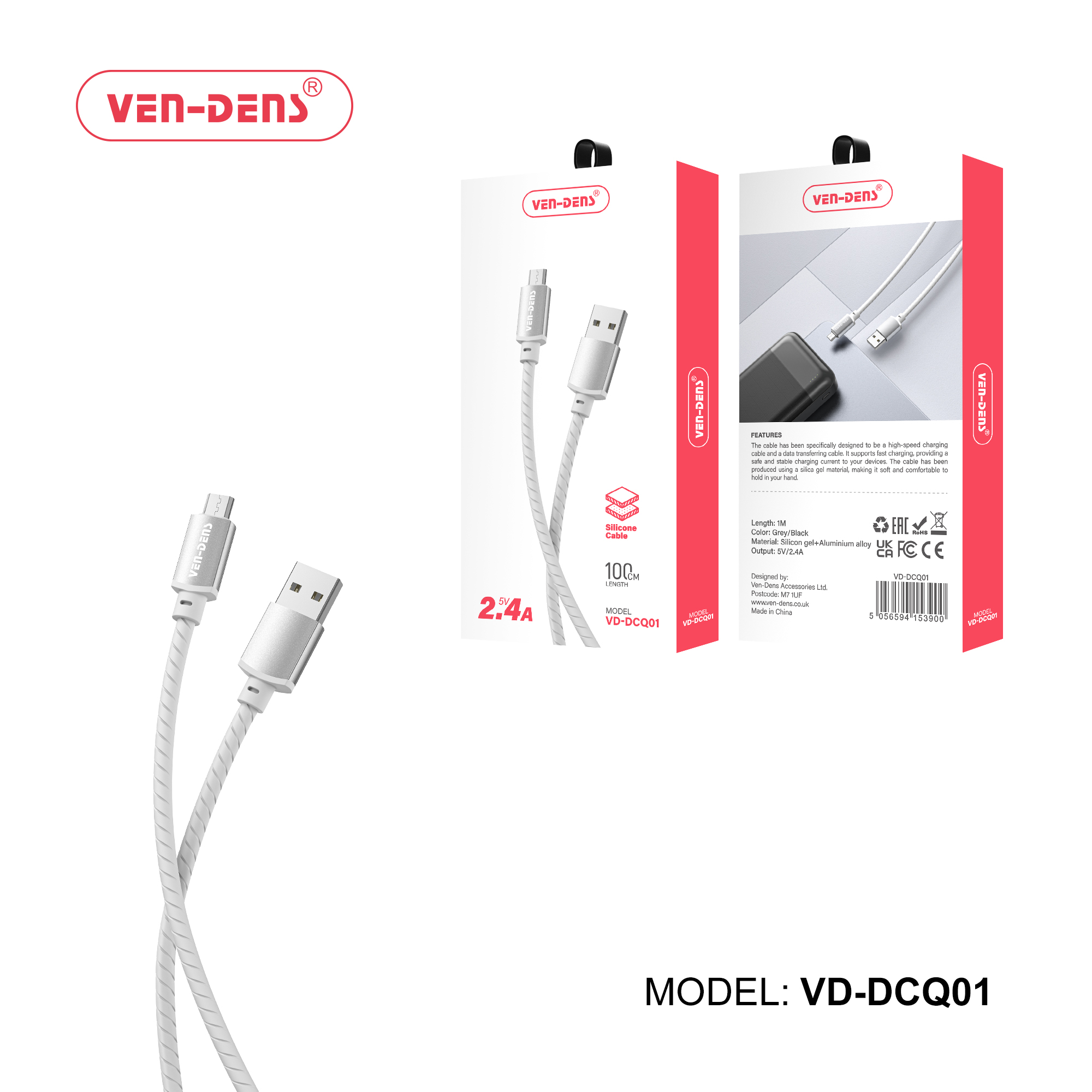 2.4A 5V სილიკონის კაბელი USB A-დან მიკრო USB კაბელამდე